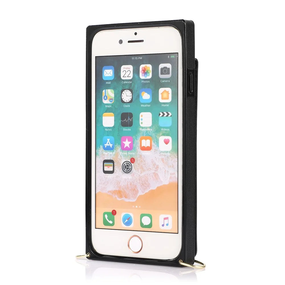 Vertical Flip Kickstand Design PU Leather Coated TPU Phone Hybrid Case with Lanyard for iPhone 7 4.7 inch/8 4.7 inch/SE (2020)/SE (2022) - Black - 5