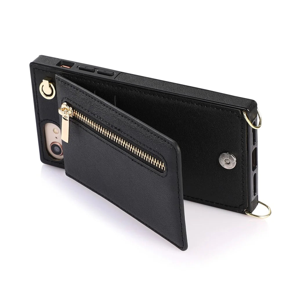 Vertical Flip Kickstand Design PU Leather Coated TPU Phone Hybrid Case with Lanyard for iPhone 7 4.7 inch/8 4.7 inch/SE (2020)/SE (2022) - Black - 6