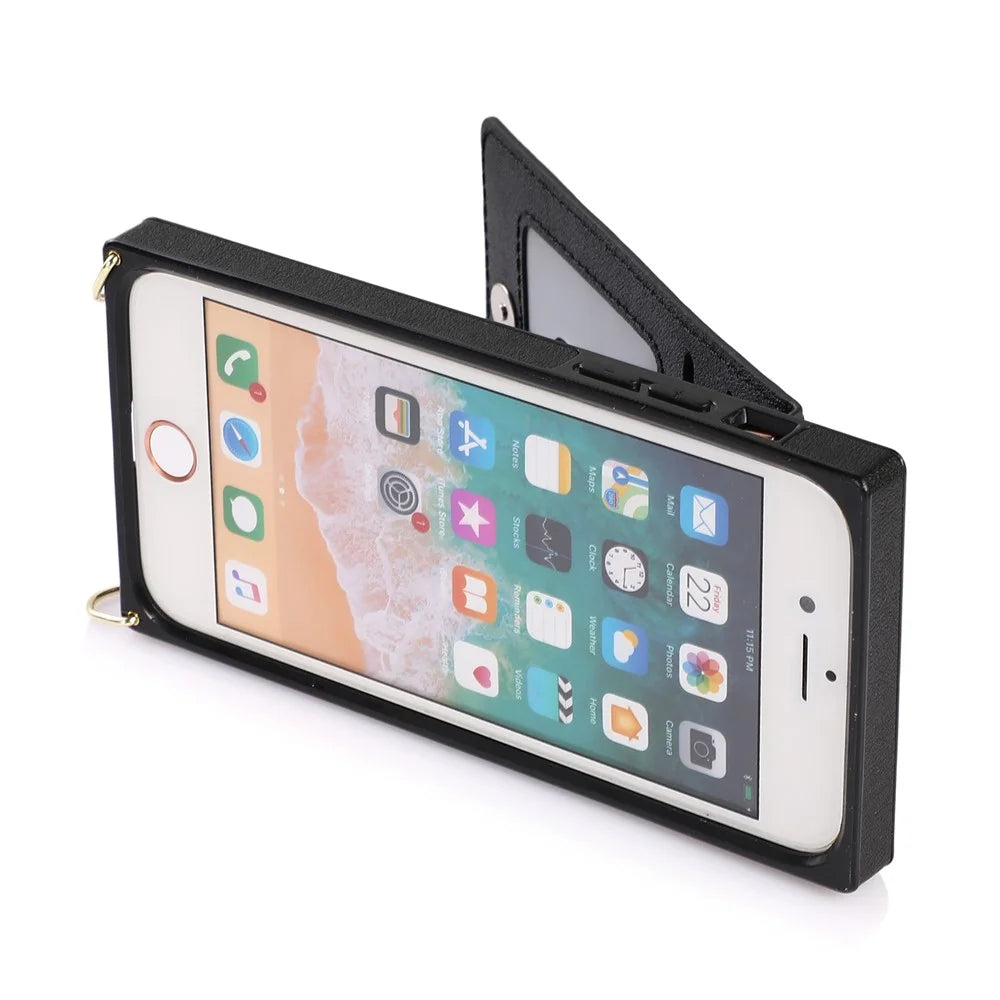 Vertical Flip Kickstand Design PU Leather Coated TPU Phone Hybrid Case with Lanyard for iPhone 7 4.7 inch/8 4.7 inch/SE (2020)/SE (2022) - Black - 7
