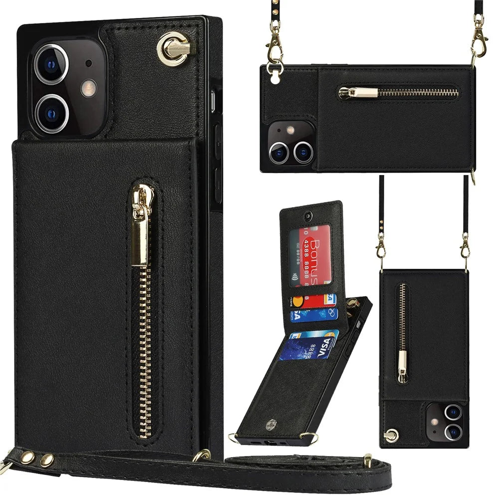 Detachable Lanyard PU Leather Coated TPU Hybrid Case Vertical Flip Kickstand Phone Shell for iPhone 12 mini - Black - 1