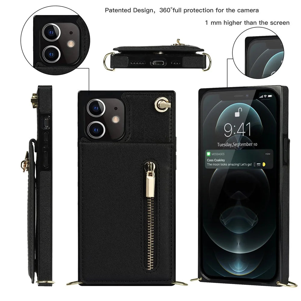 Detachable Lanyard PU Leather Coated TPU Hybrid Case Vertical Flip Kickstand Phone Shell for iPhone 12 mini - Black - 2