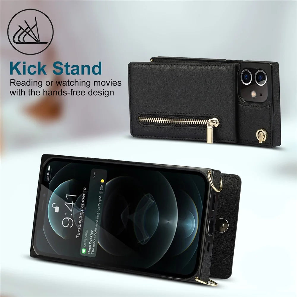 Detachable Lanyard PU Leather Coated TPU Hybrid Case Vertical Flip Kickstand Phone Shell for iPhone 12 mini - Black - 3