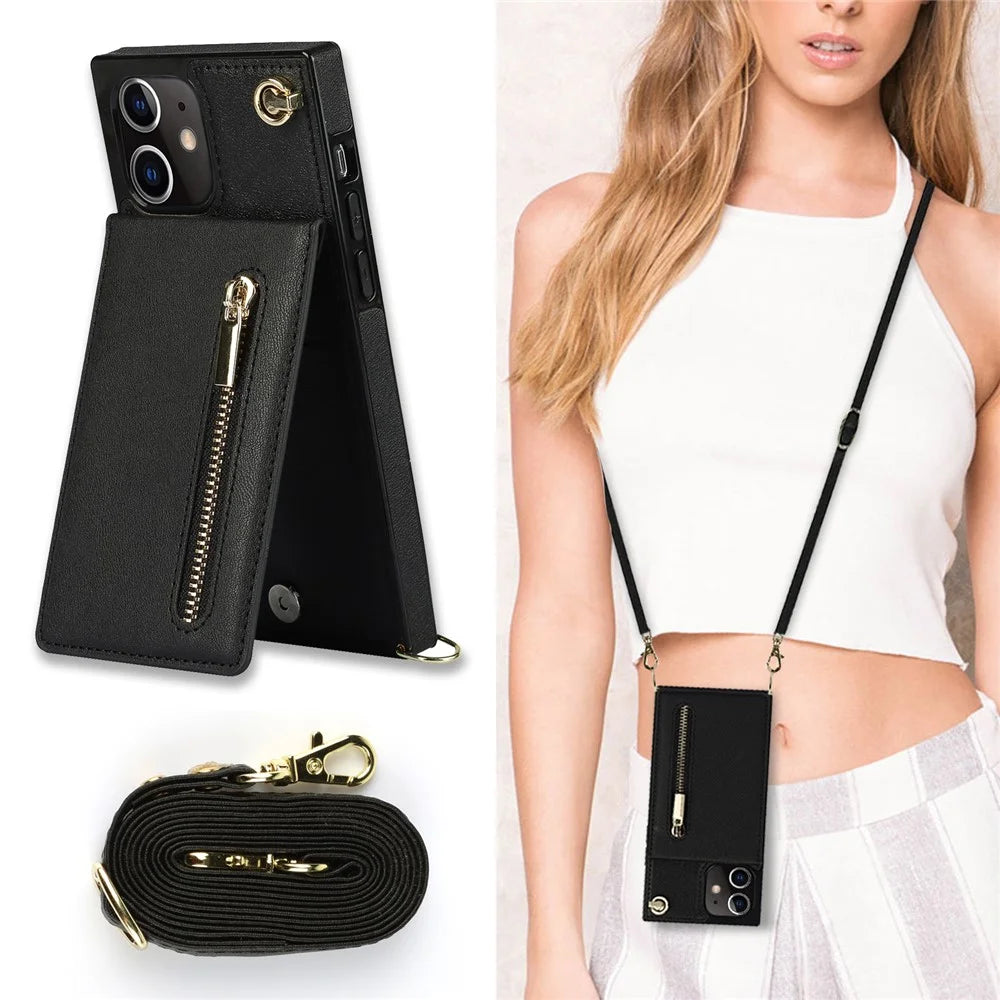 Detachable Lanyard PU Leather Coated TPU Hybrid Case Vertical Flip Kickstand Phone Shell for iPhone 12 mini - Black - 4