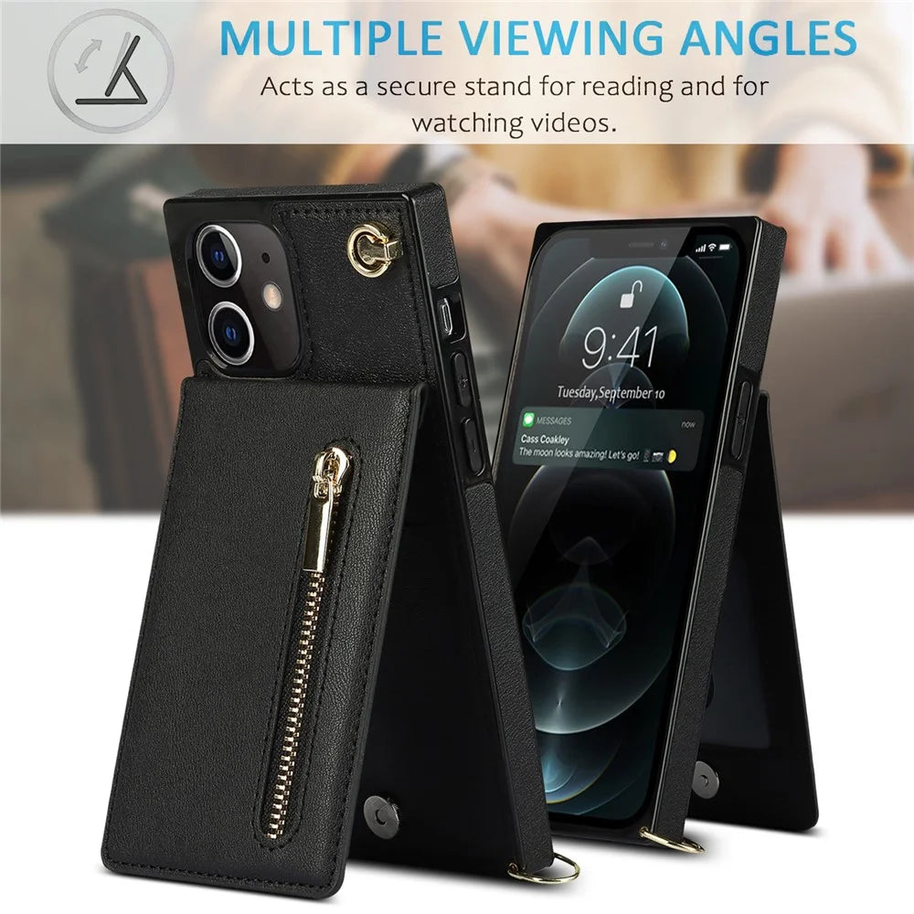 Detachable Lanyard PU Leather Coated TPU Hybrid Case Vertical Flip Kickstand Phone Shell for iPhone 12 mini - Black - 6