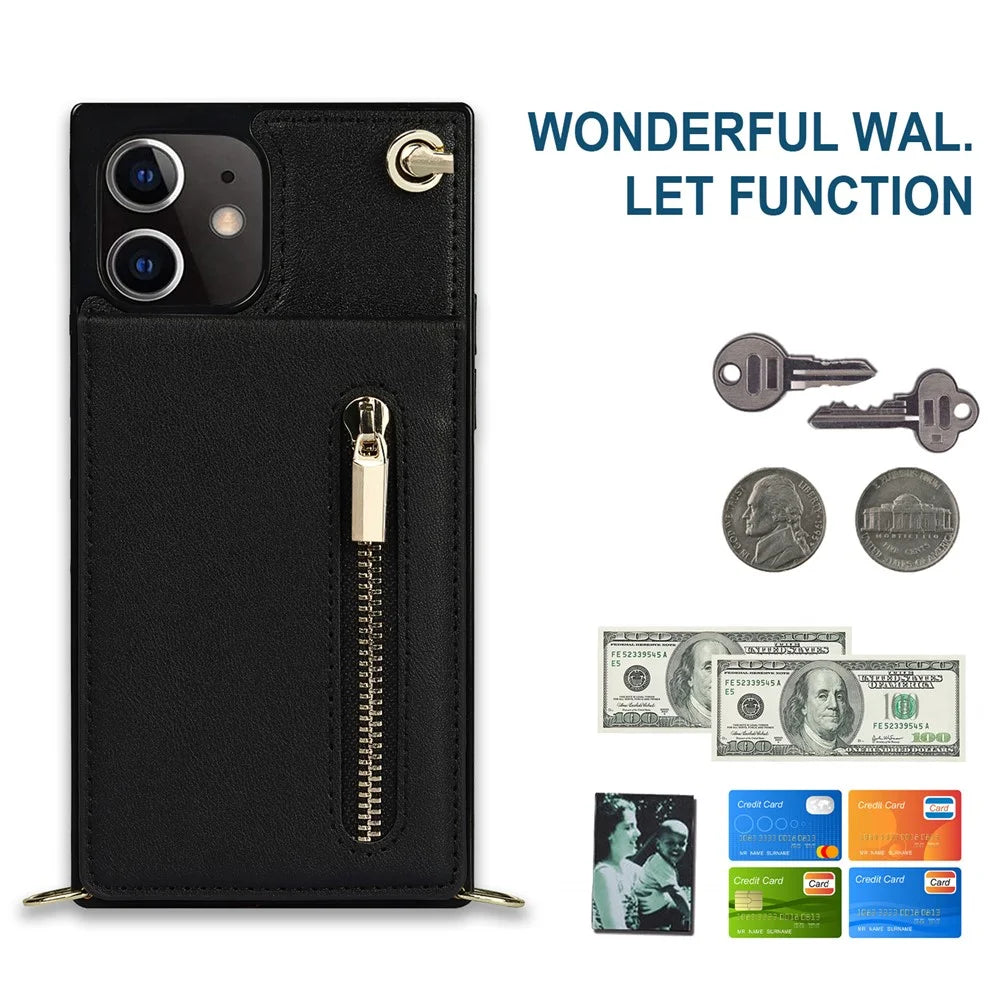 Detachable Lanyard PU Leather Coated TPU Hybrid Case Vertical Flip Kickstand Phone Shell for iPhone 12 mini - Black - 7