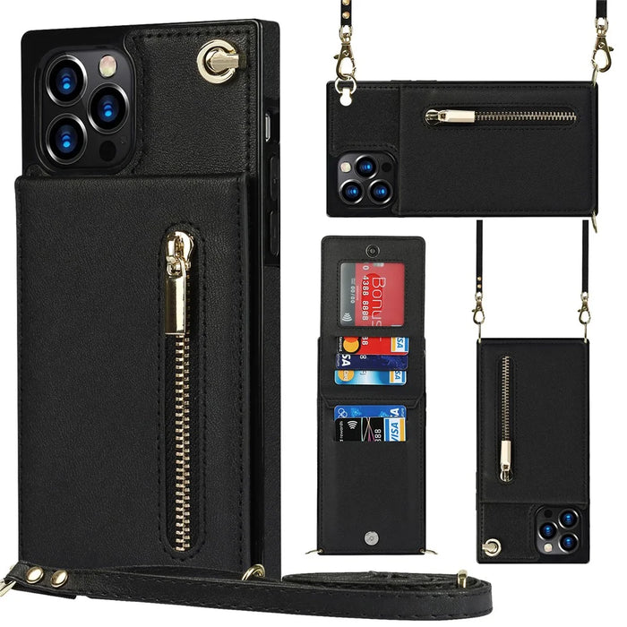 Shockproof Kickstand Design PU Leather Coated TPU Hybrid Case Phone Shell with Lanyard for iPhone 12 / 12 Pro - Black - 1