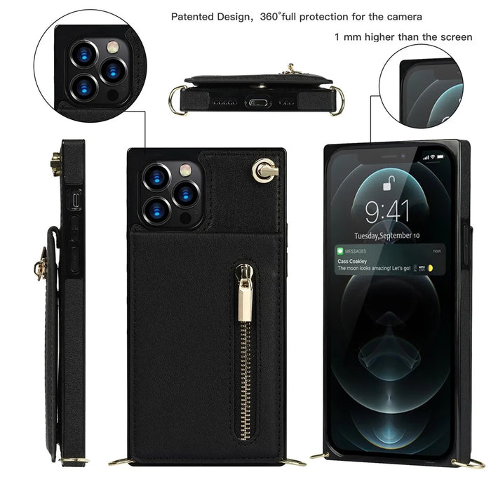 Shockproof Kickstand Design PU Leather Coated TPU Hybrid Case Phone Shell with Lanyard for iPhone 12 / 12 Pro - Black - 2