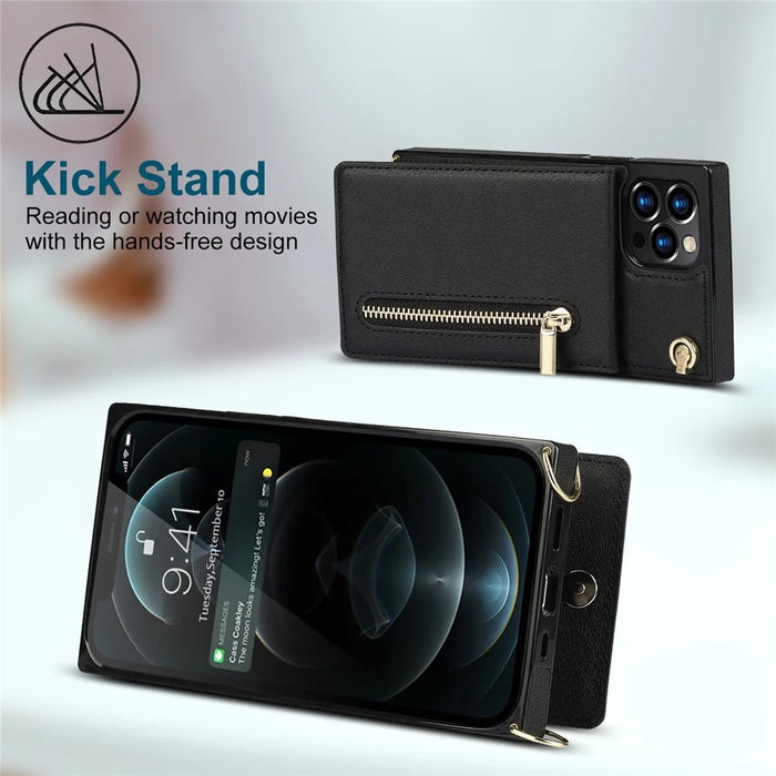 Shockproof Kickstand Design PU Leather Coated TPU Hybrid Case Phone Shell with Lanyard for iPhone 12 / 12 Pro - Black - 3