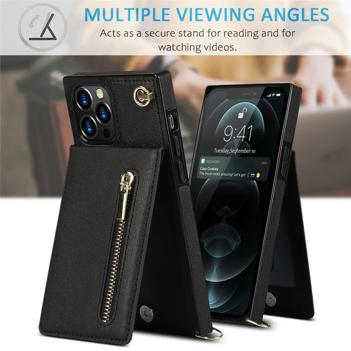 Shockproof Kickstand Design PU Leather Coated TPU Hybrid Case Phone Shell with Lanyard for iPhone 12 / 12 Pro - Black - 6