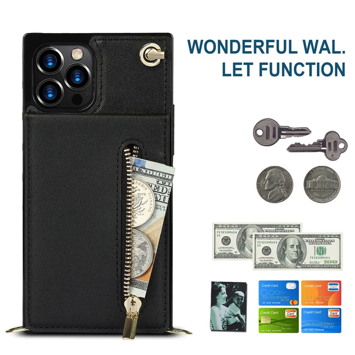 Shockproof Kickstand Design PU Leather Coated TPU Hybrid Case Phone Shell with Lanyard for iPhone 12 / 12 Pro - Black - 7