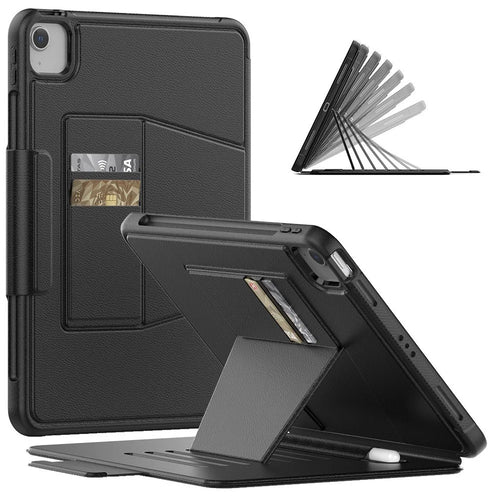 Auto Wake / Sleep Function Multiple Angle Kickstand Leather Tablet Case Shell with Card Holder for iPad Pro 11 (2022) /  (2021) / (2020) / (2018) / Air (2022) / (2020) - Black - 1