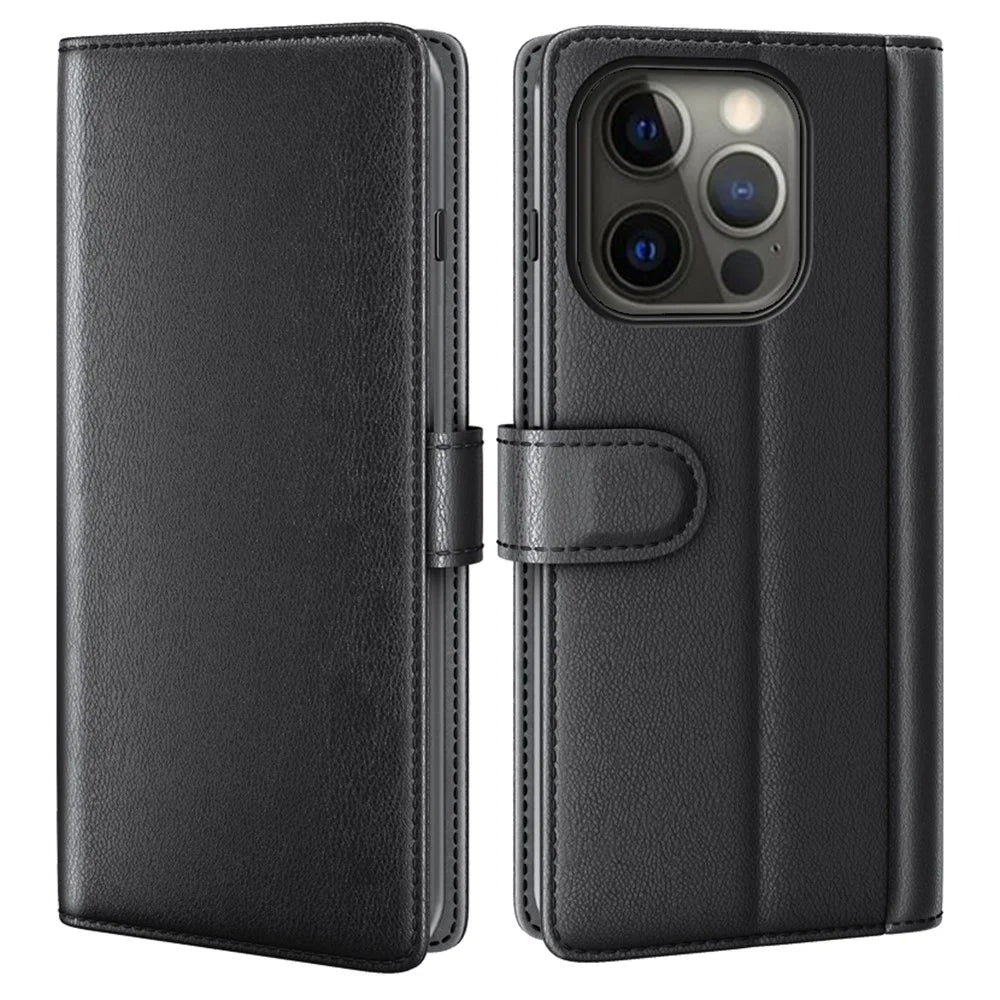 Genuine Leather Magnetic Clasp Stand Wallet Phone Case Shell for iPhone 13 Pro 6.1 inch - Black - 1
