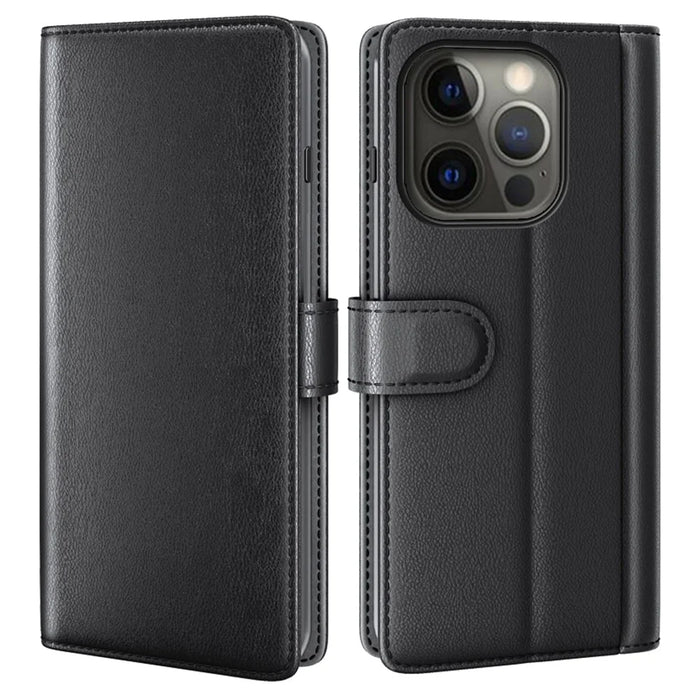 Genuine Leather Magnetic Clasp Stand Wallet Phone Case Shell for iPhone 13 Pro 6.1 inch - Black - 1