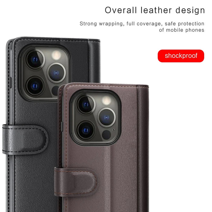 Genuine Leather Magnetic Clasp Stand Wallet Phone Case Shell for iPhone 13 Pro 6.1 inch - Black - 3