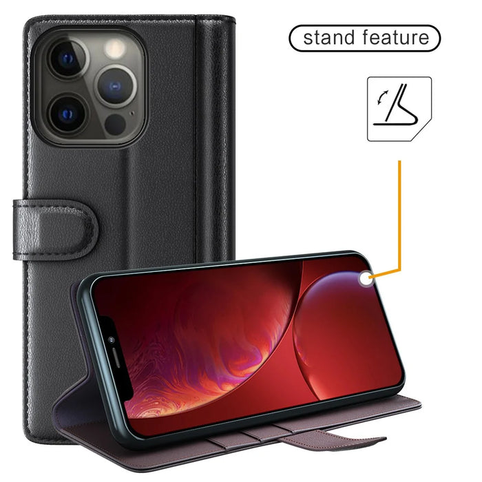 Genuine Leather Magnetic Clasp Stand Wallet Phone Case Shell for iPhone 13 Pro 6.1 inch - Black - 4