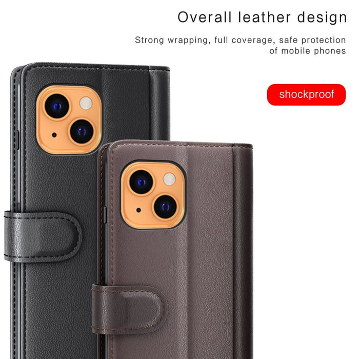 For iPhone 13 Split Leather Full Protection Phone Shell Protective Case with Waller Stand - Black - 7