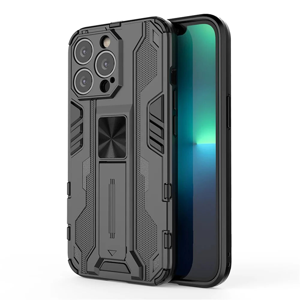 PC + TPU Dual Layer Shock-Absorption Armor Cover Full-Body Protective Case with Kickstand for iPhone 13 Pro Max 6.7 inch - Black - 1