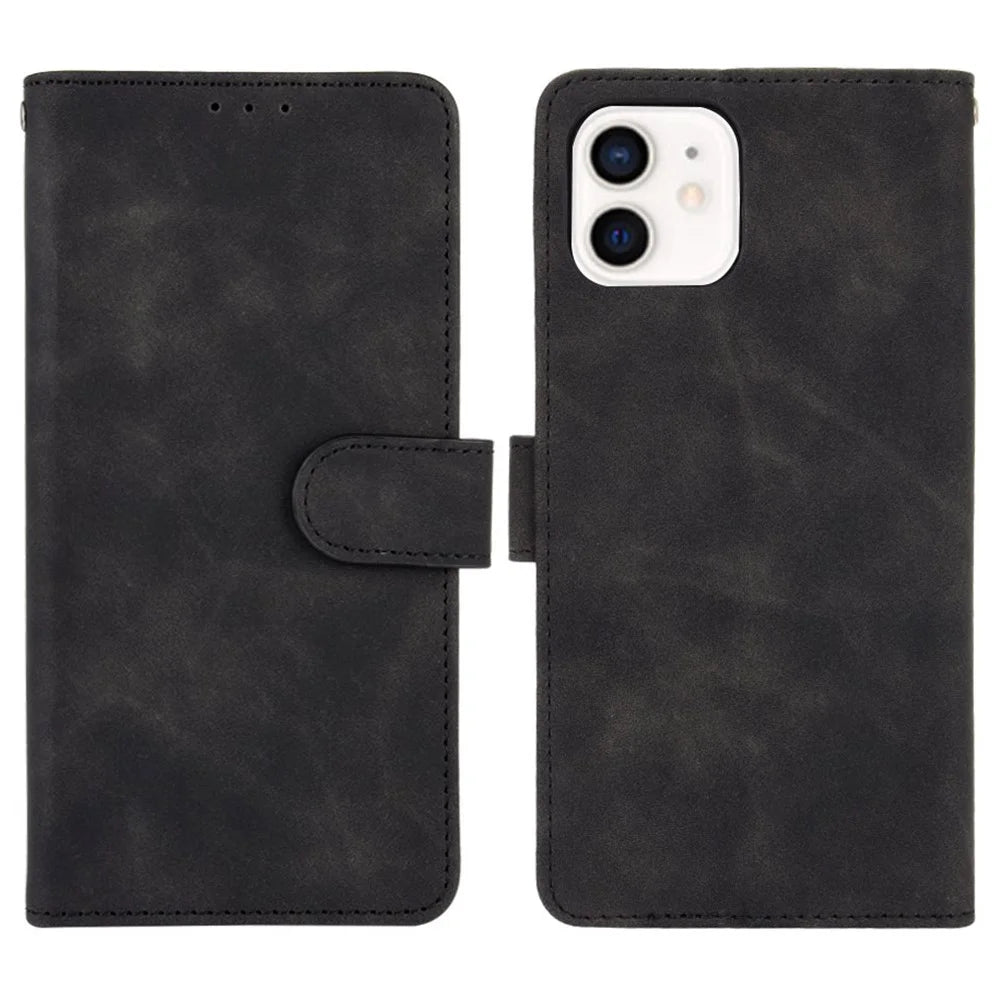 Skin-touch PU Leather Soft Anti-Slip Scratch Resistant Full Body Protective Stand Cover for iPhone 13 mini 5.4 inch - Black - 1