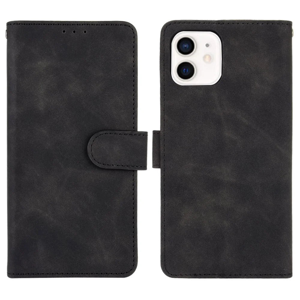 Skin-Touch Stand Feature PU Leather Protective Flip Folio Cover for iPhone 13 6.1 inch - Black - 1