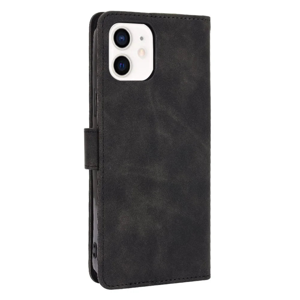 Skin-Touch Stand Feature PU Leather Protective Flip Folio Cover for iPhone 13 6.1 inch - Black - 3