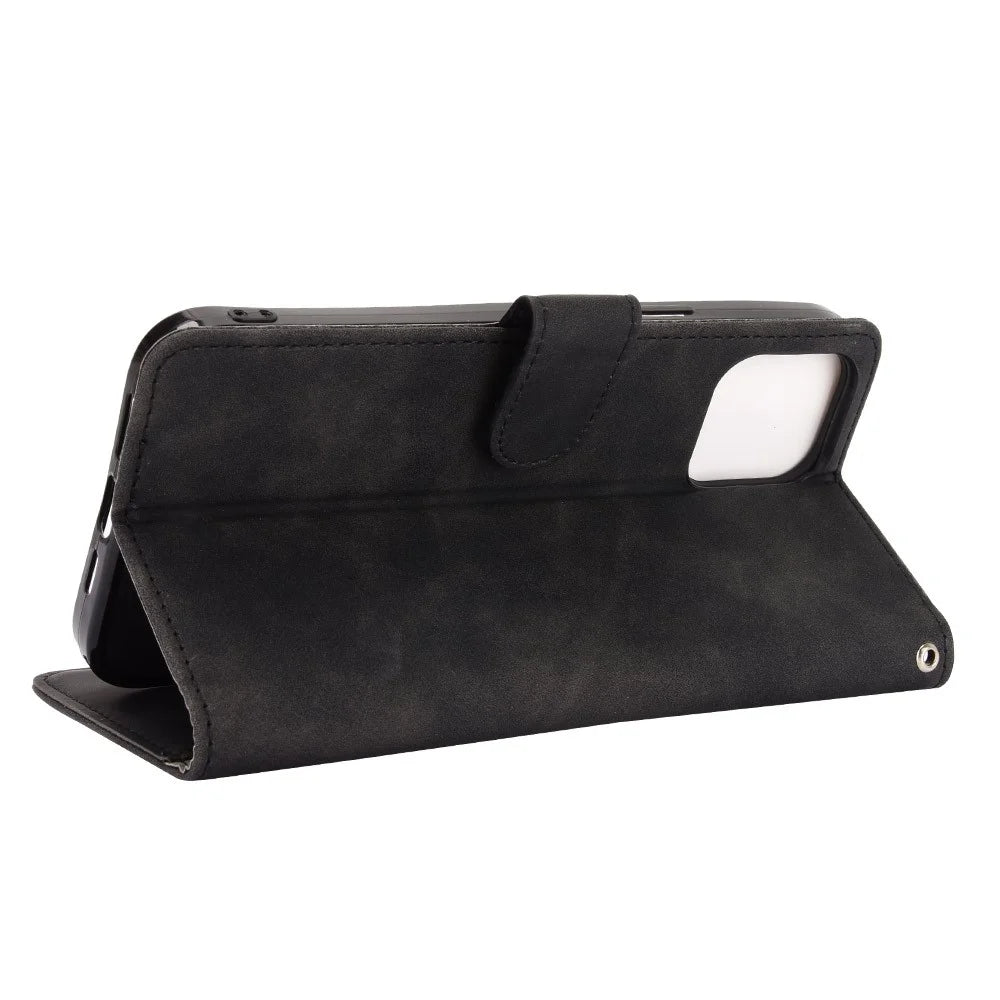 Skin-Touch Stand Feature PU Leather Protective Flip Folio Cover for iPhone 13 6.1 inch - Black - 4