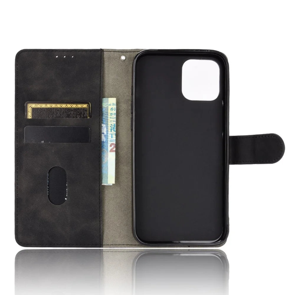 Skin-Touch Stand Feature PU Leather Protective Flip Folio Cover for iPhone 13 6.1 inch - Black - 6