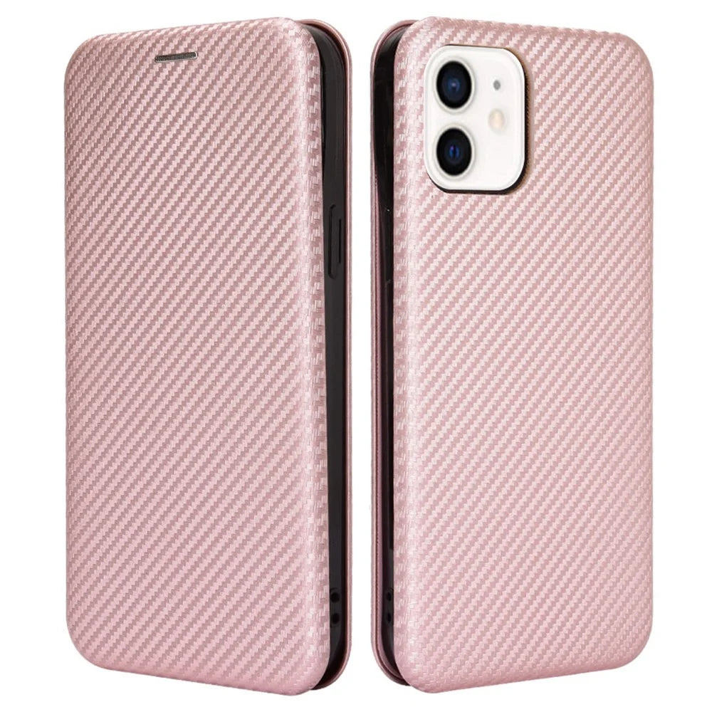 Premium Fiber High-Grade Carbon Style Magnetic Adsorption Leather Case with Ring Strap for iPhone 13 mini 5.4 inch - Rose Gold - 1