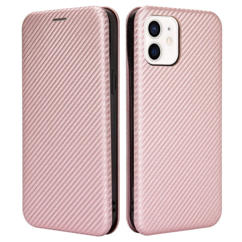 Premium Fiber High-Grade Carbon Style Magnetic Adsorption Leather Case with Ring Strap for iPhone 13 mini 5.4 inch - Rose Gold - 1
