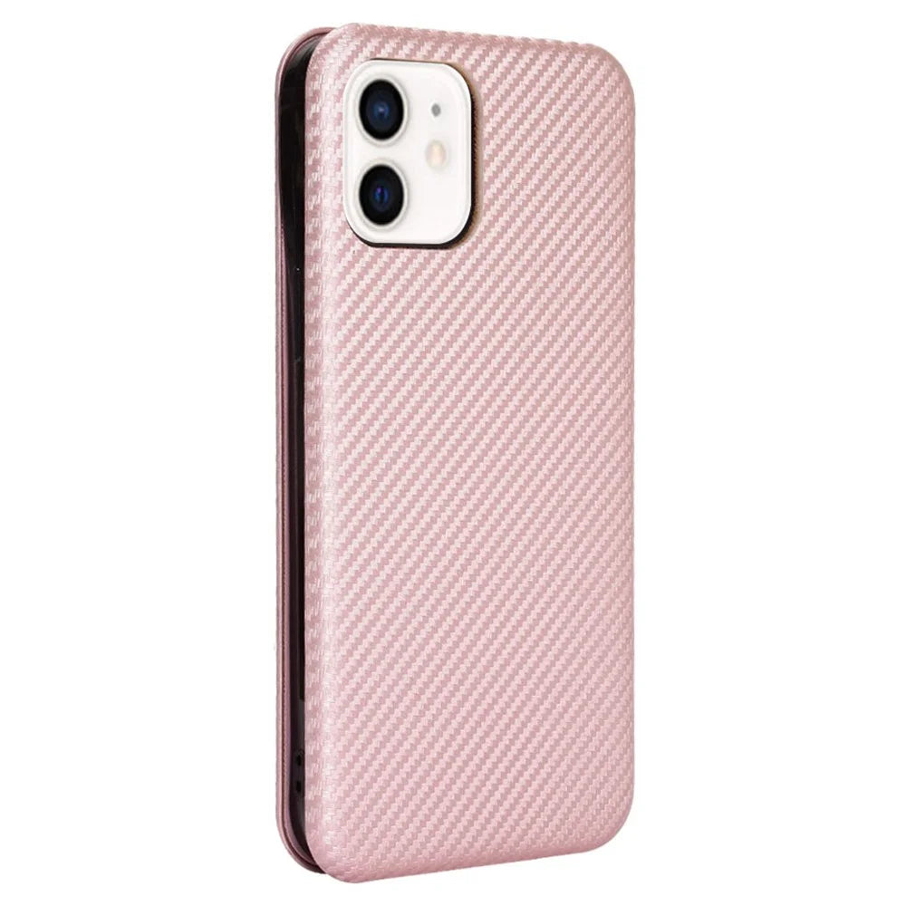 Premium Fiber High-Grade Carbon Style Magnetic Adsorption Leather Case with Ring Strap for iPhone 13 mini 5.4 inch - Rose Gold - 3