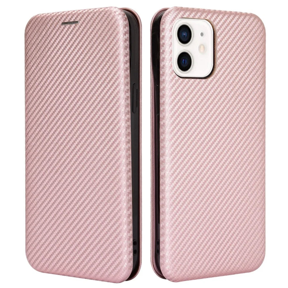 Soft Touch Sturdy Durable Carbon Fiber Fingerprint Resistant Magnetic Leather Case with Ring Strap for iPhone 13 6.1 inch  - Rose Gold - 1