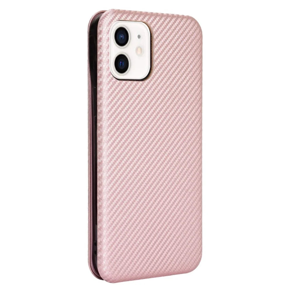 Soft Touch Sturdy Durable Carbon Fiber Fingerprint Resistant Magnetic Leather Case with Ring Strap for iPhone 13 6.1 inch  - Rose Gold - 3