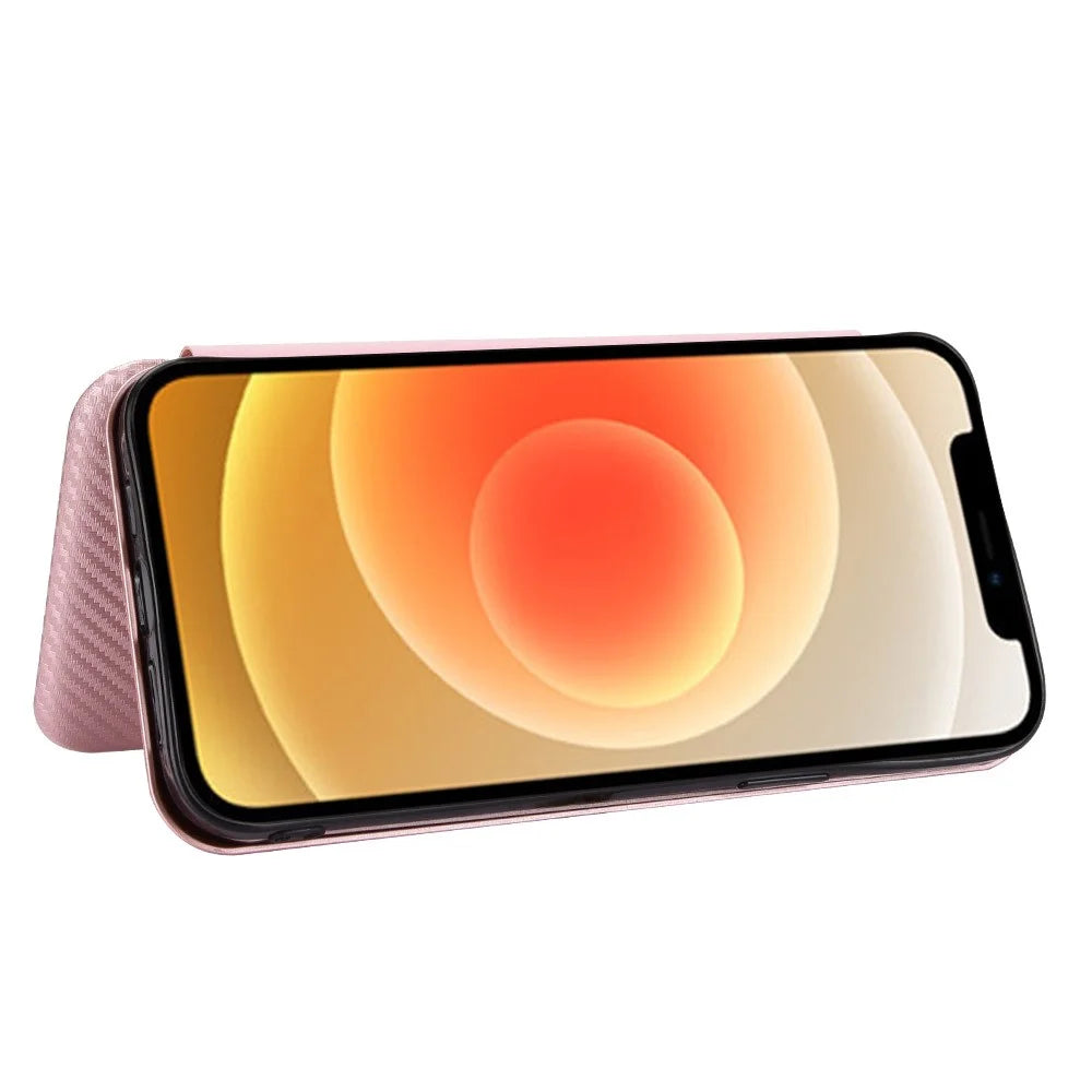 Soft Touch Sturdy Durable Carbon Fiber Fingerprint Resistant Magnetic Leather Case with Ring Strap for iPhone 13 6.1 inch  - Rose Gold - 4