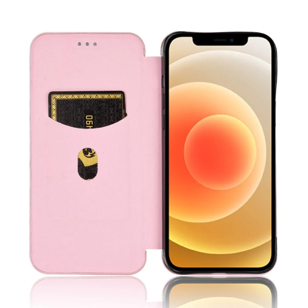 Soft Touch Sturdy Durable Carbon Fiber Fingerprint Resistant Magnetic Leather Case with Ring Strap for iPhone 13 6.1 inch  - Rose Gold - 5