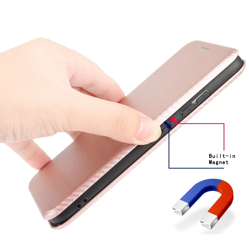 Soft Touch Sturdy Durable Carbon Fiber Fingerprint Resistant Magnetic Leather Case with Ring Strap for iPhone 13 6.1 inch  - Rose Gold - 7