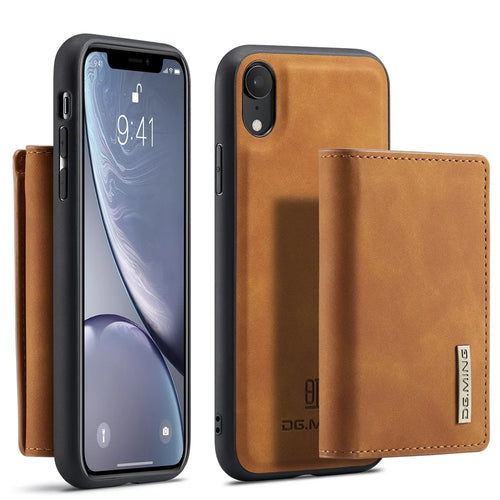 DG.MING M1 Series Phone Shell Hybrid Case with Kickstand and Magnetic Wallet for iPhone XR 6.1 inch - Brown - 1