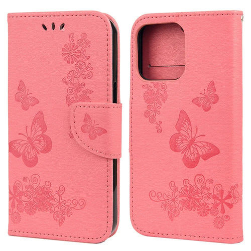 Leather Wallet Case Imprint Butterfly Flower Phone Case with Stand for iPhone 13 6.1 inch - Pink - 1
