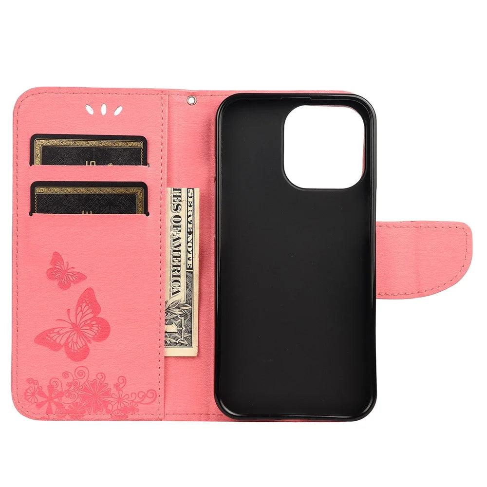 Wallet Leather Case Imprint Butterfly Flower Phone Case with Stand for iPhone 13 Pro 6.1 inch - Pink - 4