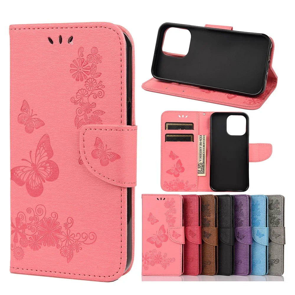 Wallet Leather Case Imprint Butterfly Flower Phone Case with Stand for iPhone 13 Pro 6.1 inch - Pink - 7