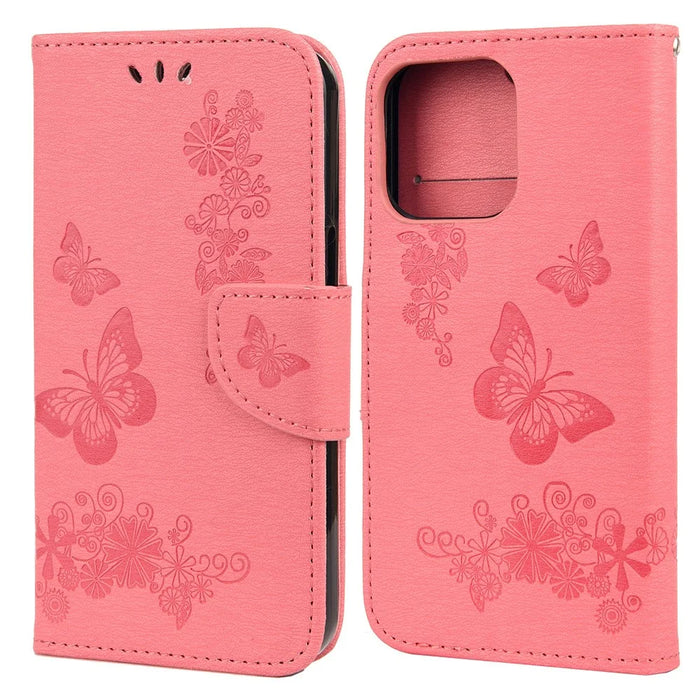 Leather Wallet Case Imprint Butterfly Flower Phone Case with Stand for iPhone 13 mini 5.4 inch - Pink - 1