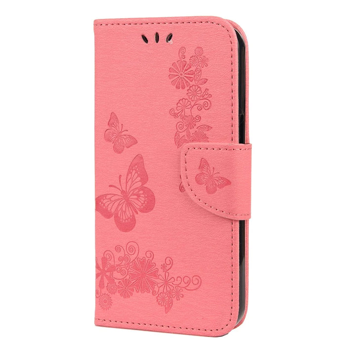 Leather Wallet Case Imprint Butterfly Flower Phone Case with Stand for iPhone 13 mini 5.4 inch - Pink - 2