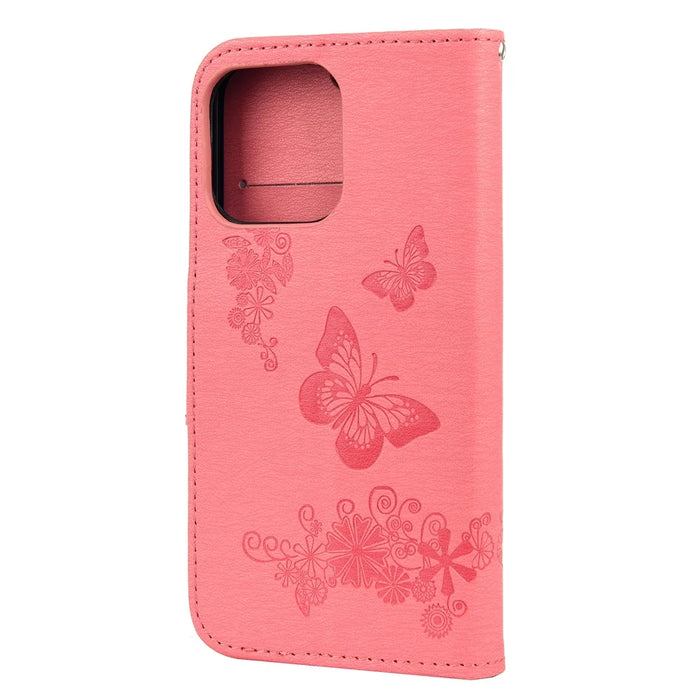 Leather Wallet Case Imprint Butterfly Flower Phone Case with Stand for iPhone 13 mini 5.4 inch - Pink - 3