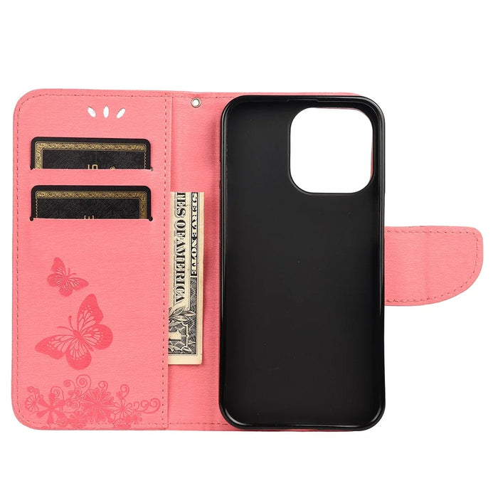 Leather Wallet Case Imprint Butterfly Flower Phone Case with Stand for iPhone 13 mini 5.4 inch - Pink - 4