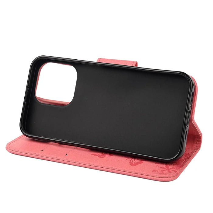 Leather Wallet Case Imprint Butterfly Flower Phone Case with Stand for iPhone 13 mini 5.4 inch - Pink - 5