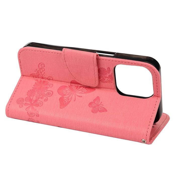 Leather Wallet Case Imprint Butterfly Flower Phone Case with Stand for iPhone 13 mini 5.4 inch - Pink - 6