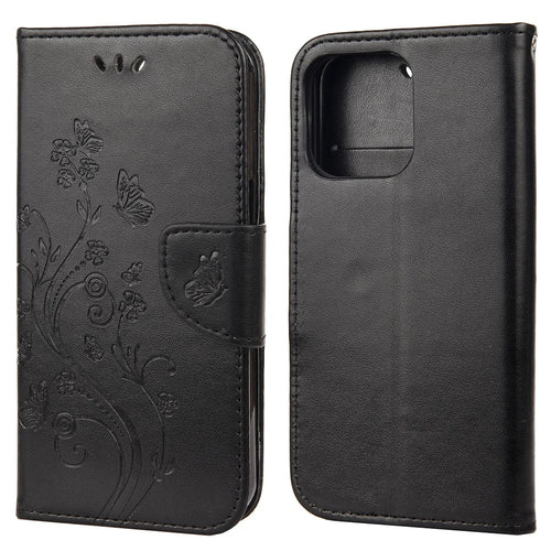 Well-protected Butterfly Flower Imprint Leather Wallet Phone Stand Case for iPhone 13 6.1 inch - Black - 1