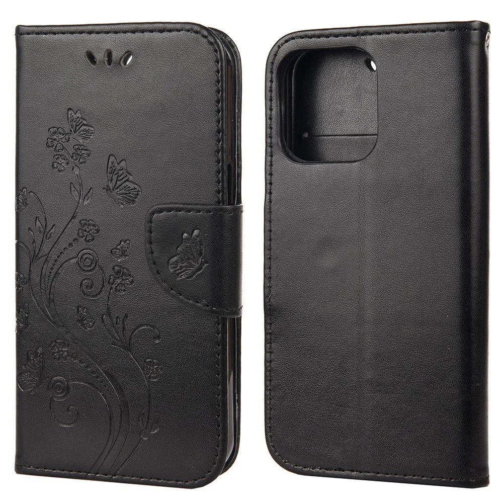 Well-protected Butterfly Flower Imprint Leather Wallet Phone Stand Case for iPhone 13 6.1 inch - Black - 1