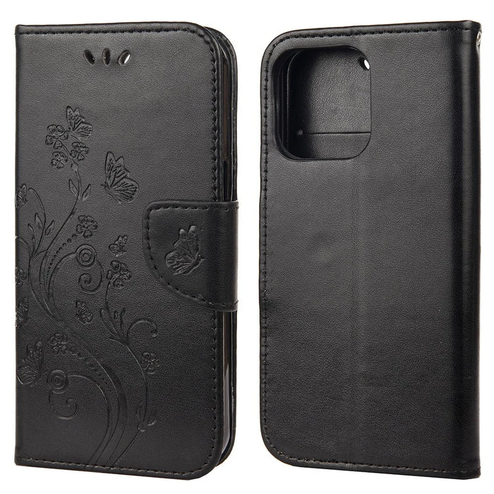 Well-protected Butterfly Flower Imprint Leather Wallet Phone Stand Case for iPhone 13 6.1 inch - Black - 1