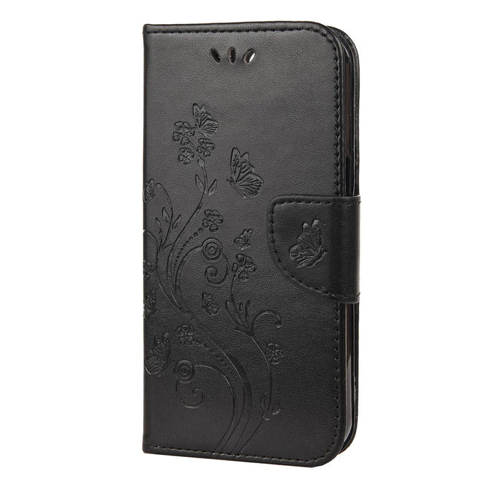 Well-protected Butterfly Flower Imprint Leather Wallet Phone Stand Case for iPhone 13 6.1 inch - Black - 2