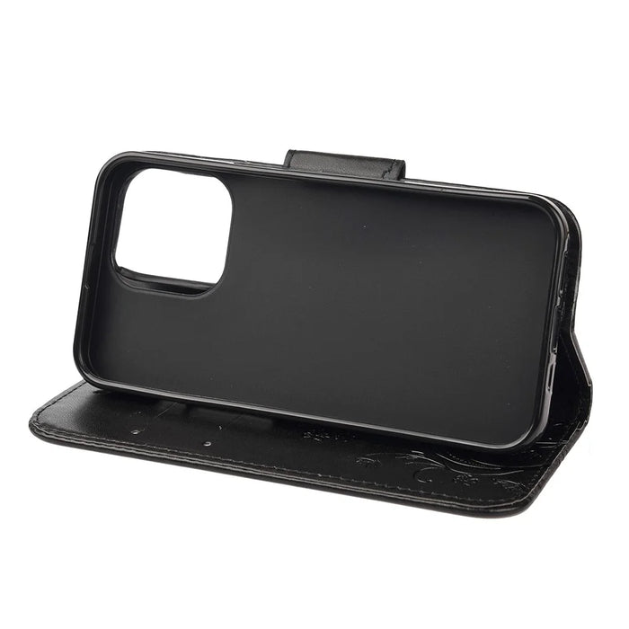 Well-protected Butterfly Flower Imprint Leather Wallet Phone Stand Case for iPhone 13 6.1 inch - Black - 5