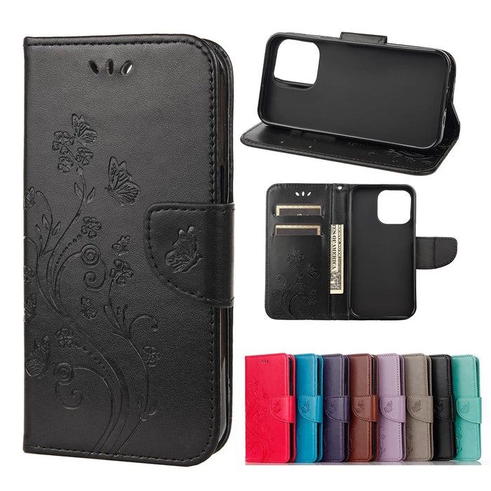 Well-protected Butterfly Flower Imprint Leather Wallet Phone Stand Case for iPhone 13 6.1 inch - Black - 7